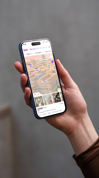 A Lystio search running on a phone in the city